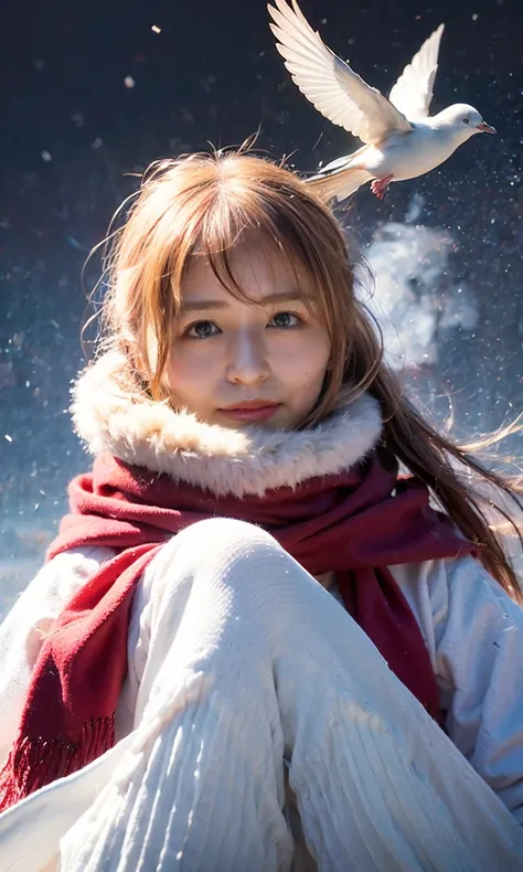 (    When she casts a spell ,  legendary ice pigeons appear around the sky 、 Magic Rim 、staring at something、diamond dust flutters、クリーム色のhair、   Heavy snowfall area      、   Snow is falling   、    blue eyes、    blue eyes、Im wearing a fluffy red scarf、   he...