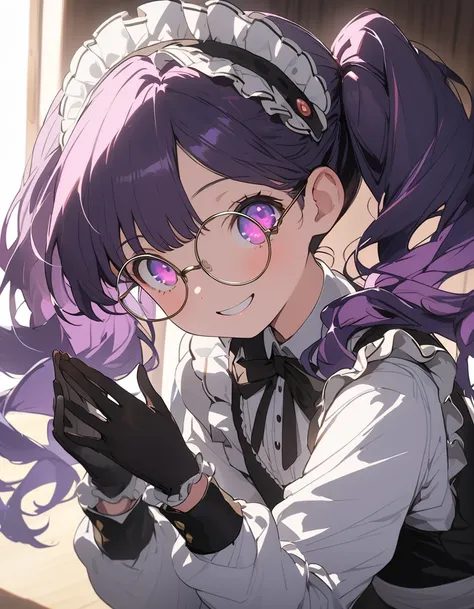 Long purple hair ,  wearing maid clothes, fullbody, round glasses, Front Light ,Cute 2D, Front lighting 、( for a woman with bristles、masterpiece、 high definition 、 Details)、animeスタイル、 Flat Style 、(Shining Eyes、 Details美しい顔),  1 girl、extremely  Details、(The...