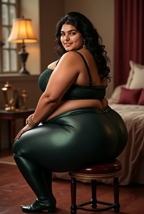 50 year old indian married ,extremely ultra morbidly obese woman looking at the viewer, wearing shiny glossy and reflective finish polyester plus size  white silk long Leggings and tight red silk blouse , big Fat ass,wide hips,Big thighs, scooped Big breas...