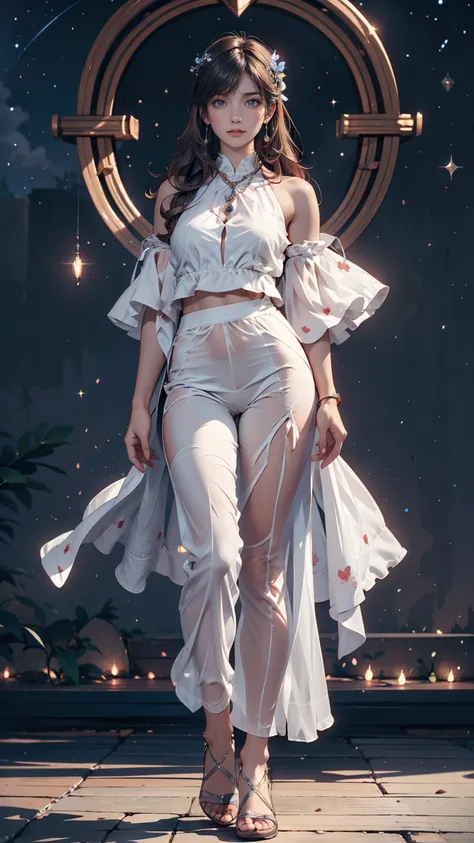 masterpiece, Beautiful Goddess of the Void,  full body wearing white transparent clothing standing under the stars at night in the sky, Disappearing transparent pants , Full body standing, Tall Person, Thin legs,  face details, Detailed body part details ,...