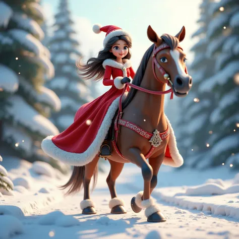 Snow Scene、horse、 beautiful woman、 Santa cosplay、3D Animation、 top quality、 high definition 、beautiful