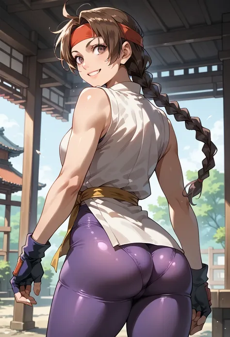 score_9, score_8_up, score_7_up, BREAK, score_9, ysakazaki, looking back, hip focus, hip hinge, smile, brown hair, brown eyes, single braid, dougi, ((purple leggings)), spandex, ((Panty lines are transparent)), headband, fingerless gloves, cowboy shot, doj...