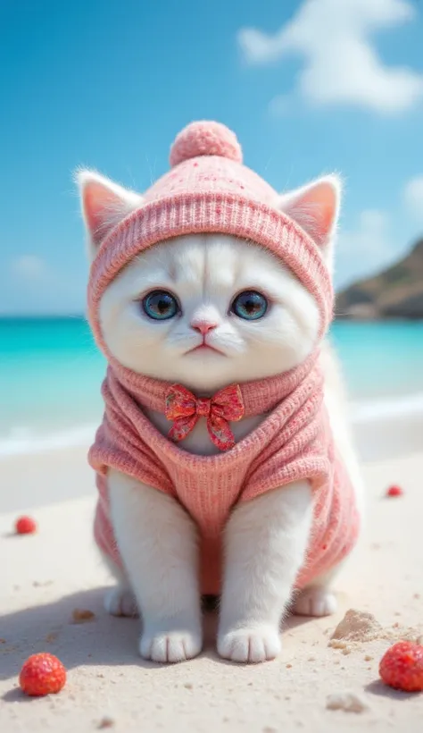 a cute cat , white cat, With strawberry clothes bye , beach background, white sand, blue tosca water