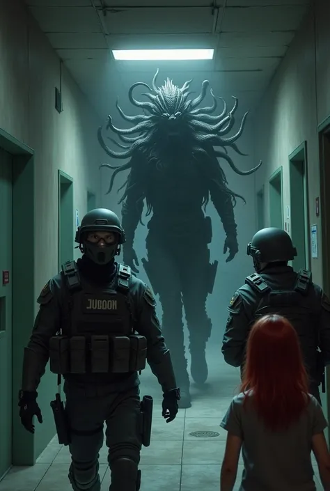  The dark corridor of the hospital  ,  Two armed modern soldiers in tactical helmets and masks are walking through the dark corridor,  one person is enough for something consisting of black energy,  with a tentacle-like , a red-haired girl looks at this 