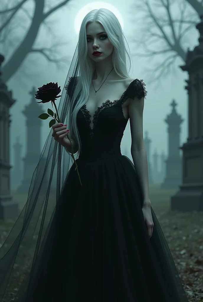 I need a picture of a Banshee .  She has white floor-length hair that blows in the wind and very pale skin ,  Her lips are blood red .  Her face looks a bit pale and dead but still has soft facial features ,  furthermore the eye sockets in the skull were e...