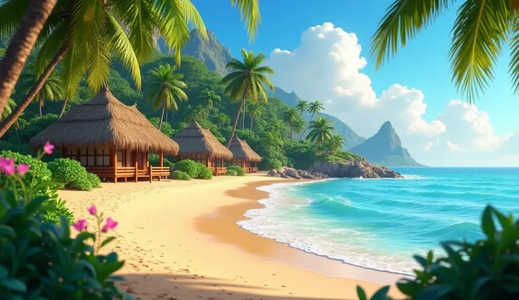 Realistic 3D animated style depiction of a tropical beach inspired by Disney Pixar. It is a beautiful tropical beach with lush vegetation and some cabins nearby
Style: Disney Pixar 3D, warm and magical lighting