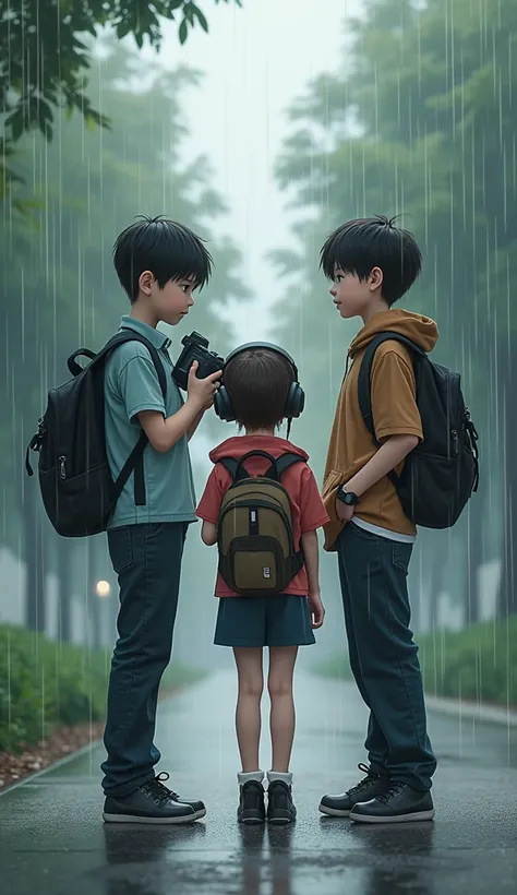 A boy and a boy are taking pictures in the rain. A girl is holding a camera in her hands. A boy is holding headphones in her ears.