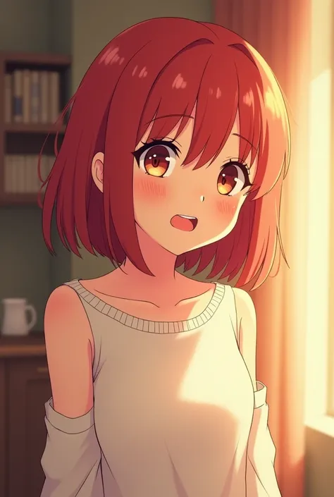 Anime girl, red bob hair, wearing white sweater without sleeves, indoor, shock expression, warming colour, dawn