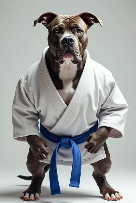 Pitbull wearing a Jiu-jitsu blue belt and a gi