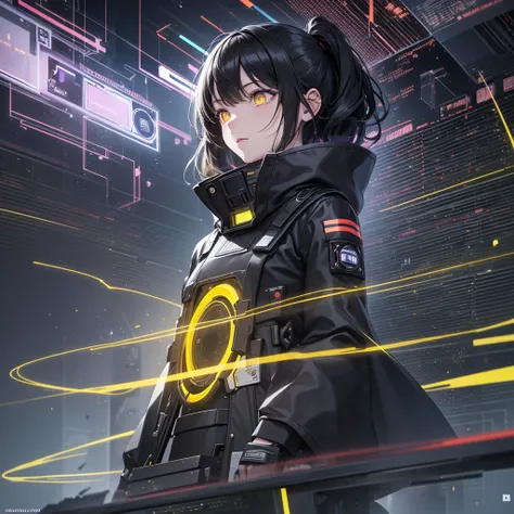 cover selected part onlyfrom future intelligence, technology background, complex mystery, unexpected variables, sudden result, strange things, transient waves, light fog, colorful signals, confident look, space black pioneer dress, yellow eyes, black hair