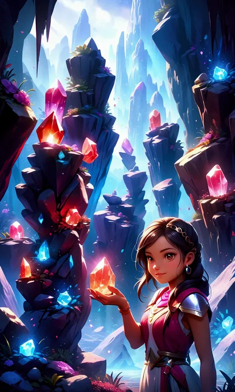 a young woman digging out a large red crystal from the ground, highly detailed, photorealistic, 8k, studio lighting, dynamic pose, digital painting, mystical atmosphere, vibrant colors, fantasy landscape, glowing crystal