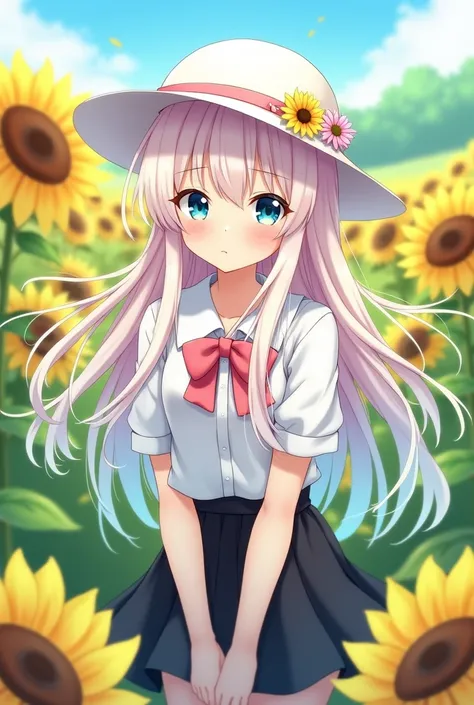 Pinkish at the end hair tail. Up to mid color white hair and blue  green gradien eyes anime girl. White Shirt with pink bow and black skirt and white strawhat in the green sunflower field. Have long hair near waist. 