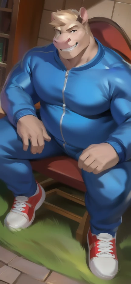 Solo, male Tall​ ,huge​ body​,​ Chair Ride ,den,big hippo ,blue Tracksuit soldier , Wear combat shoes, overweight, muscular, Smirking​ , by chunie