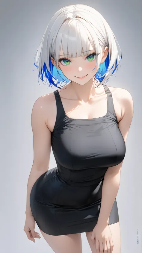 Full body display, face details,semi realistic, Masterpiece, Master work, perfect , 4k, 1woman, adult woman, big size breast, short hair, single chignon hair style, flat Bangs hair style, white colored hair, (((blue streaks - white hair))), bright green ey...