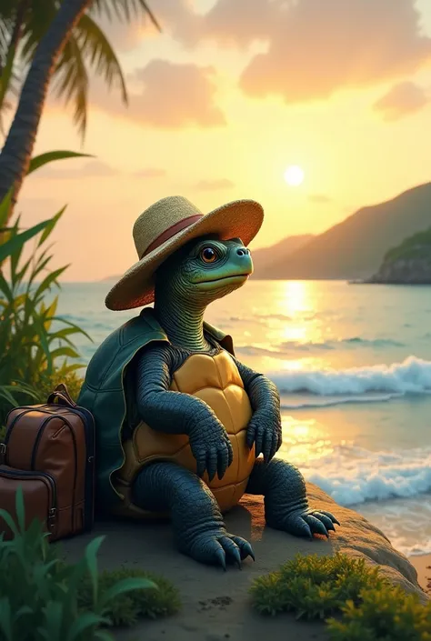 A wise old turtle shares his slow-paced adventures, highlighting serene beaches, tranquil lakes, and peaceful countryside spots.
Image Prompt: A turtle wearing a straw hat, sitting on a travel bag, and gazing at a serene sunset by the ocean.