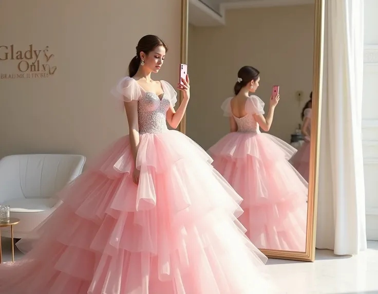 "Design a captivating pink ball gown with a layered tulle skirt, featuring a soft gradient of pink and white hues. The bodice is adorned with white lace detailing and complemented by puffy organza sleeves, creating a regal and dreamy look. Place the gown i...