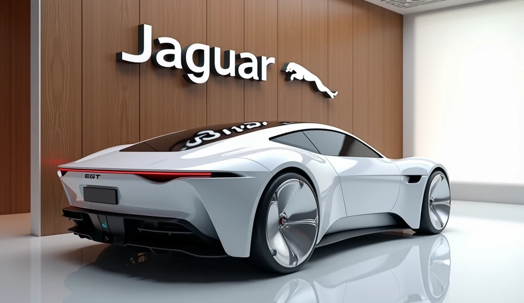  stunning 3D render of a futuristic jaguar gt 2025 displayed in a sleek, modern showroom. The cars back left side view showcases its sleek lines, innovative design, and a sense of speed. The bright white color of the car contrasts beautifully with the wood...