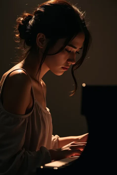 A sad female pianist ,  playing her piano and looking at the camera, with a pained expression. A lighting highlights the woman and her expression.