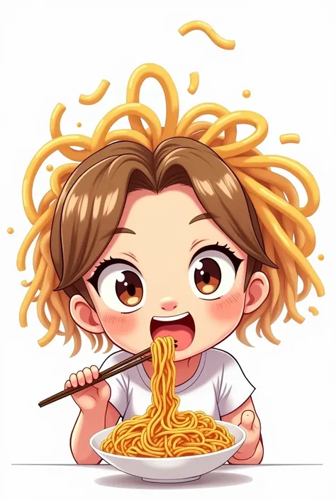 Cartoonic girl eating noodles the girl hair is noodles with white background 