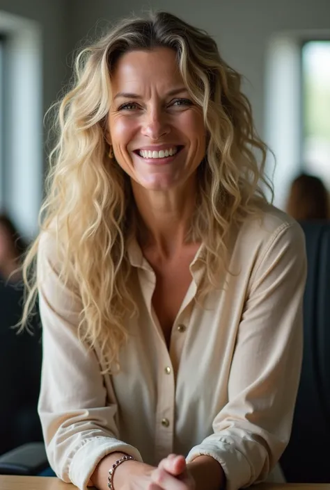  lady aged 50  . Long straw-like blond curly hair. normal stature. Long narrow stub nose.  narrow face . sits in the office. Sweet blouse . smiles. unkempt. unvarnished.  