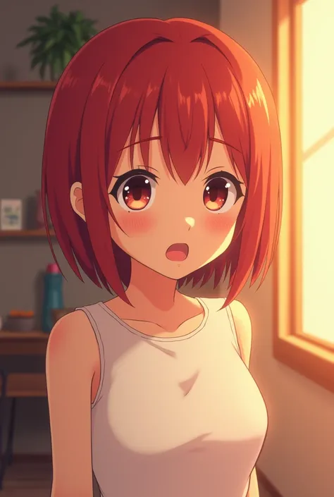 Anime girl, red bob hair, wearing white sweater without sleeves, indoor, shock expression, warming colour, dawn