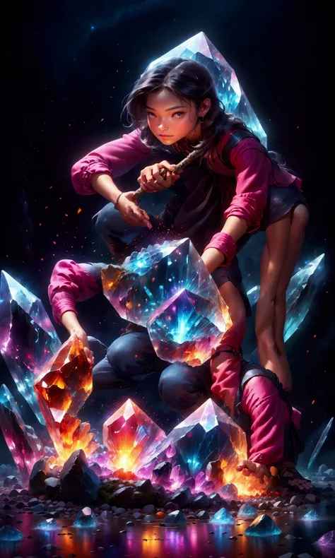 a young woman digging out a large red crystal from the ground, highly detailed, photorealistic, 8k, studio lighting, dynamic pose, digital painting, mystical atmosphere, vibrant colors, fantasy landscape, glowing crystal