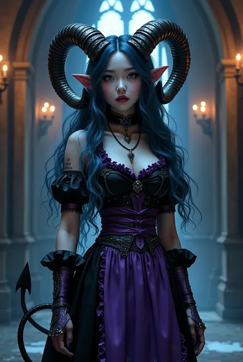 ((Masterpiece)), ((ultra-detailed, 8k quality)), photorealistic anime interpretation, a stunning Tiefling Warlock named Skylla, depicted in the style of a dark fairytale. Skylla is a striking devil-girl hybrid with gigantic ram-like horns spiraling out of ...