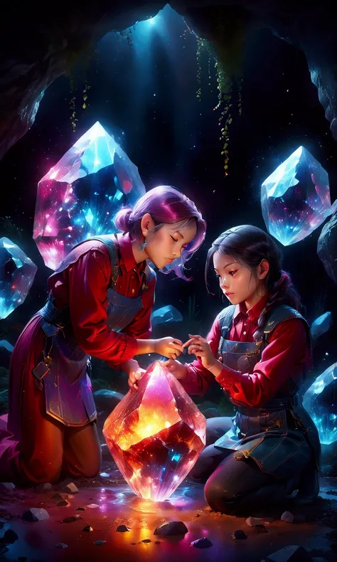 a young woman digging out a large red crystal from the ground, highly detailed, photorealistic, 8k, studio lighting, dynamic pose, digital painting, mystical atmosphere, vibrant colors, fantasy landscape, glowing crystal