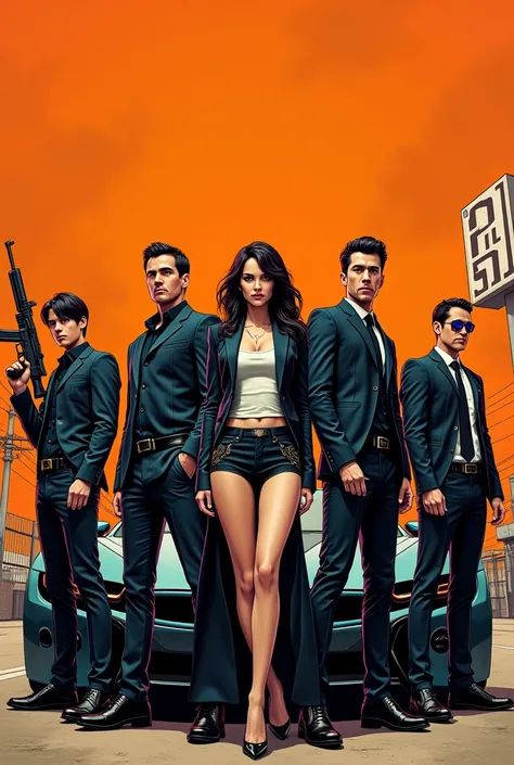 Several men, dressed cool and stylish, holding weapons and guns, there is one woman, with a cool car behind her, with a sign that says IS1. Orange filter. Manga Lines.