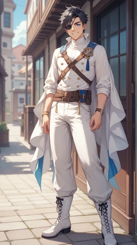 One person、solo、adult、male、Thief、White clothes、Black Hair、 blue eyes、Eye patch、smile、 white boots that shoot bows、 long pants 、Standing with your legs apart、whole body