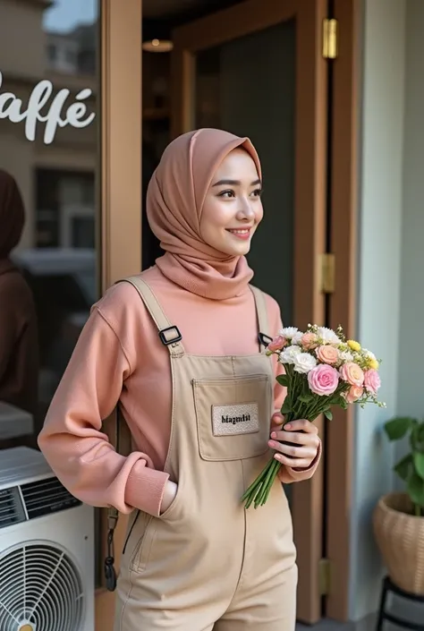 A beautiful Korean woman hijab, with her face looking side, standing next to the outer door of a French cafe, with a frame with the words "Caffe", wearing a peach turtleneck and overall jumpsuit, a branded bag, holding a bouquet of flowers, outdoor air con...