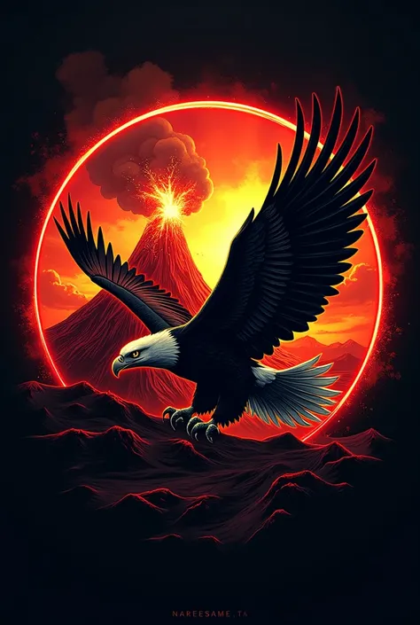 Generate a name tag with following details
Red ouline
Black background 
Name on right center
On left an aggressive volcano and an Eagle 
Make a name tag

Make in landscape
