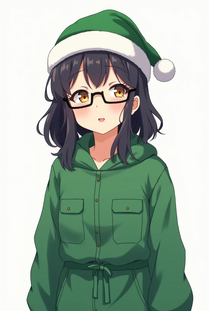 Woman wearing green casual long sleeve coverall with black rimmed glasses
smiling
Im wearing a green Santa hat
anime style
background white
semi-long hair