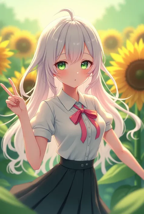 Pinkish at the end hair tail. Up to mid color white hair and matcha green gradien eyes anime girl. White Shirt with pink bow and black skirt and peace pose in the green sunflower field. Have wavy long hair near waist. 