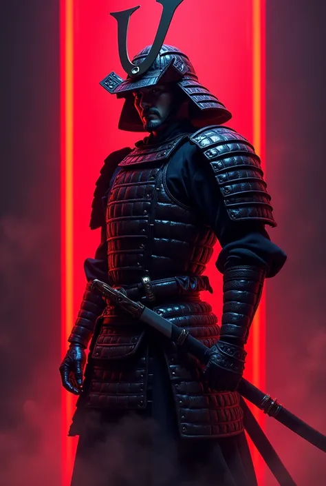 generate png image samurai written with red neon