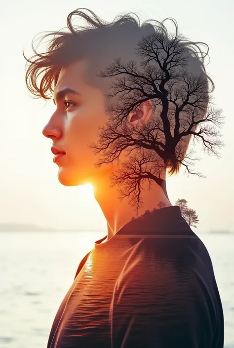 high quality, 8K Ultra HD, solo, early twenties young man, A beautiful double exposure that combines an goddess silhouette with sunset coast, sunset coast should serve as the underlying backdrop, with its details incorporated into the goddess , crisp lines...