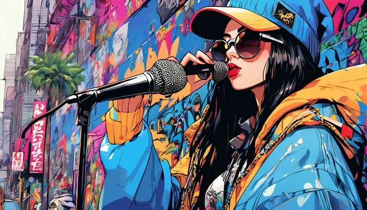  Rebellious Hiphop Woman with a Microphone ,  her dark hair is styled in a punk rock style ,  long hair　 compliment her brown eyes and light brown skin . image,  probably vivid paintings ,  accurately captures her bold and unique style . Every Little Detai...