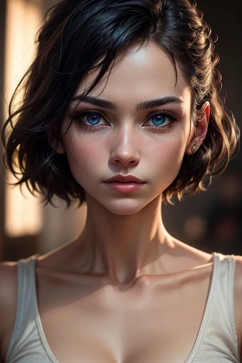 A mesmerizing masterpiece capturing a photorealistic portrayal of a woman with black hair cascading around her face. Her piercing blue eyes, subtly blurred yet captivating, draw the viewers gaze with an intensity reminiscent of "The Matrix." She gazes dire...