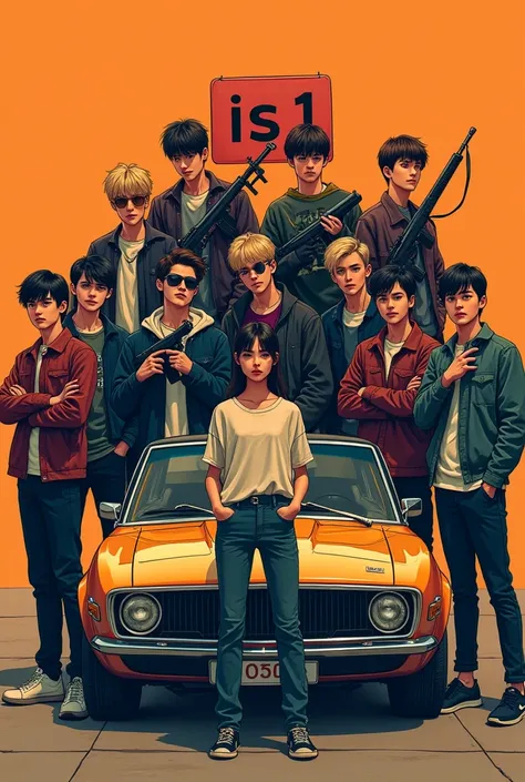 More than ten men, dressed cool and stylish, holding weapons and guns, there is one woman, with a cool car behind her, with a sign that says IS1. Orange filter. Manga Lines. Everyone is a teenager