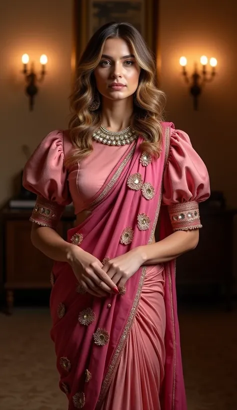 a striking woman at a party, captured in a moment of grace and elegance. Her presence is commanding yet poised as she stands camera-facing with her hands elegantly clasped together in front of her. Her wavy gold-brown hair peeks out from beneath a delicate...