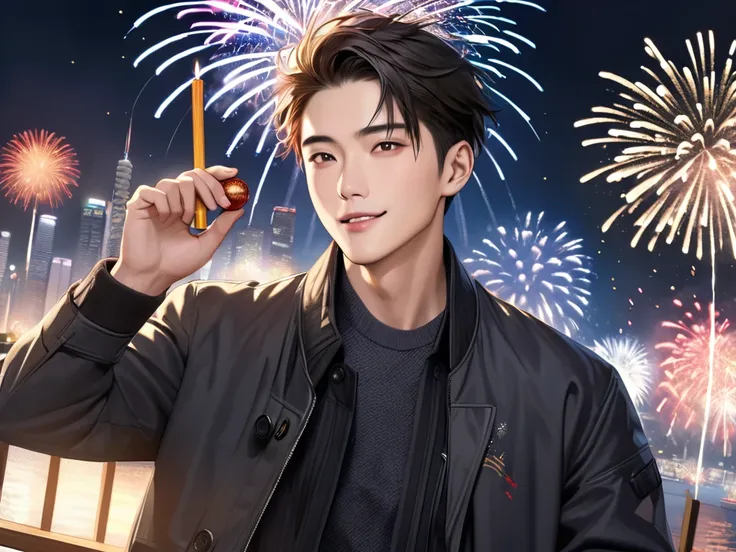 (photorealism:1.2), handsome japanese man, 20-29 year-old, new year 2025, in HK, celebrating new year with fireworks, happy