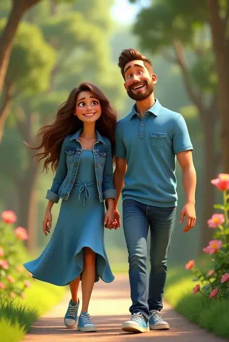 Pixar-inspired 3d poster capturing the scene of a 28-year-old woman with long wavy skinny brown hair dress blue sneakers and denim jacket with brown eyes with a  wavy brown hair brown eyes blue dress and sneakers man in his 40s thin brown hair and brown ey...