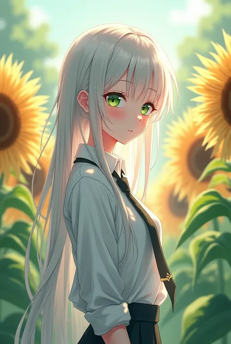 Pinkish at the end hair tail. Up to mid color white hair and matcha green gradien eyes anime girl. White Shirt with black tie half open collar and black skirt and one peace pose in hand and the green sunflower field. Have wavy long hair near waist. 