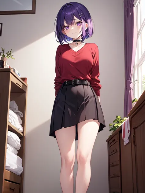  1 girl, solo, Purple Hair,  bob hair, Beautiful breasts, medium chest ,Red sweater, black skirt, black choker ,Black belt, hair clip,Slanted Eyes, Light purple eyes, close your mouth, uneasy smile, is worried , standing, skirt that makes the leg crooked, ...