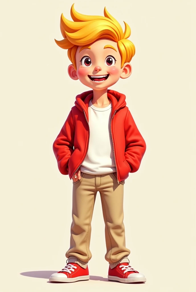 A young man with blond hair standing up, looking cheerful and bright, wearing a red jacket over a white T-shirt, and flesh-colored pants.and has the same cartoon art style as Nano Machine.