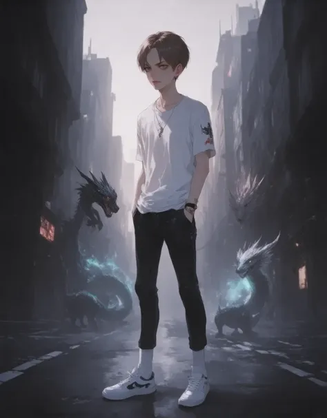 boy ,1boy, brown hair, modern theme, ultra detailed illustration, kawaii anime, ethereal atomosphere,,,,sunny, bright image, he is  walking at the street in dragon nest with small dragons, front , full body, white shoes, full length, look at me,