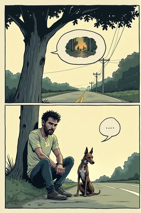 Créer une image en planche de bd avec dans une bulle de penser très grosse, une case, un humain triste, abandonné sur le bord de la route, attaché à un arbre. Avec une case en dessous mais du chien très maigre à la place de lhumain et une petite bulle de p...