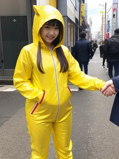 live-action　A girl in a yellow rubber suit　Turns the skin of anyone you shake hands with yellow　Japanese 