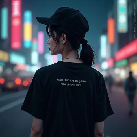 This picture shows a Korean woman wearing a black hat and black t-shirt with writing tied at the back of her hair. The writing on the t-shirt reads: "SIBUK GENGSI LUPA SADAR DIRI". spelled correctly, the background of this image is a city view with bright ...