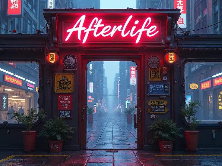  Futuristic cyberpunk city , doorway with lots of signs ,  entrance to the establishment with a neon sign "AFTERLIFE"